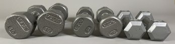Three Sets Of Dumbbells Including 15, 10 & 8 Pounds