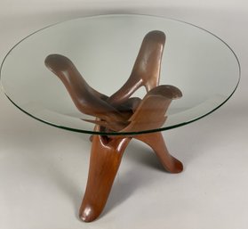 Vintage Midcentury Interlocking Teak Wood Tripod Base Table With Glass Top