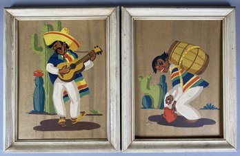 Pair Of Matching Framed Paintings Of A Man Playing Guitar & A Man Watering Plants