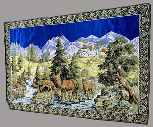 Awesome Vintage Velvet Deer Wall Tapestry Featuring Deer, Mountains & A Stream