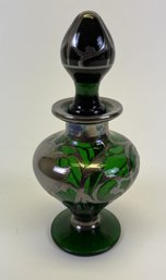 Incredible Antique Forest Green Glass Cruet Or Perfume Bottle With Silver Overlay