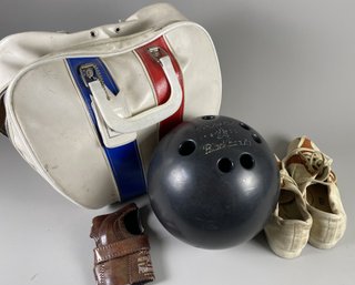 Midcentury Brunswick Black Beauty Bowling Ball, Suede Hush Puppy Bowling Shoes & Leather Carrying Bag