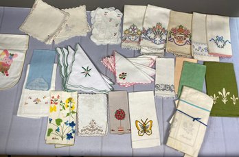 Vintage Lot Of Embroidered And Cross Stitched Tea Towels, Handkerchiefs, And Napkins