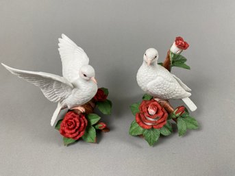 1993 & 1996 Lenox Porcelain Christmas Dove Collection Figurines, Wings Up & Red Roses