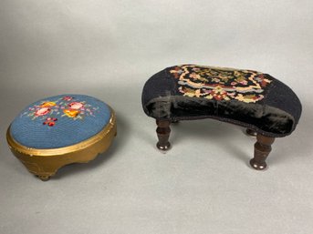 Pair Of Beautiful Antique Needlepoint Footstools Or Footrests With Wood Frames