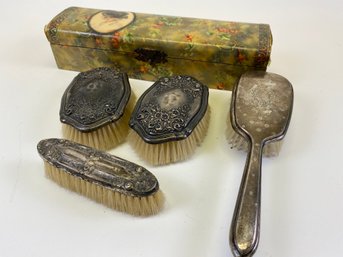 Antique Or Vintage Brushes With Sterling Silver Handles & A Vintage Storage Case
