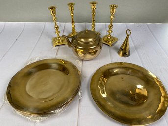Set Of 6 Brass Dinner Plates Or Chargers, Teapot, Bell And Candlestick Holders
