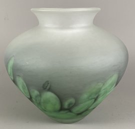 Handblown Art Glass Vase With Frosted Glass Top & A Pattern That Resembles Leaves On The Bottom