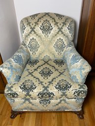 Beautiful Damask Upholstered Accent Armchair In Blues And Cream