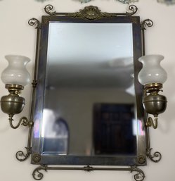 Gorgeous Antique Brass Mirror With Oil Lamp Sconces
