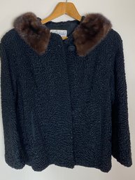 Beautiful Vintage Black Persian Lamb Fur Coat Jacket With Peter Pan Mink Collar By Hoenck's Reliable Furs