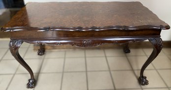Stunning Vintage Burl Top Wooden Coffee Table With Ball & Claw Feet & Carved Details
