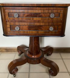Unique Pedestal Side Table With Drawers & Casters