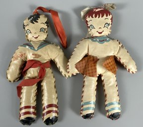 Pair Of Antique Jack & Jill Oil Cloth Dolls With Hand Painted Faces