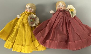 Two Vintage Bisque Or Porcelain Japanese Crepe Paper Dress Dolls