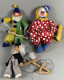 Three Vintage Clowns Including Russ Berrie & Co Trapeze , Calico Critters & Wooden Germany Marionette