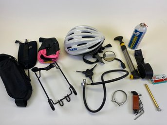 Assortment Of Biking Equipment Including A Tire Pump, Water Bottle Holders & Trex Vapor Helmet