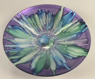 Beautiful Bloom Technique Art Glass Fruit Or Console Bowl In Shades Of Green, Blue & Purple
