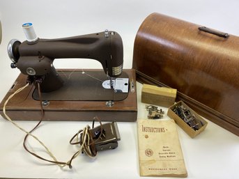 Vintage Portable Montgomery Wards Supreme Rotary Sewing Machine In Wooden Carrying Case, Working