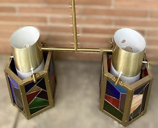 Groovy Midcentury Brass Ceiling Mounted Lamp With Stained Glass Panels
