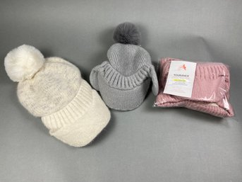 Three Brand New Tourance Beanie Hats With Ear Flats & Pom Pom