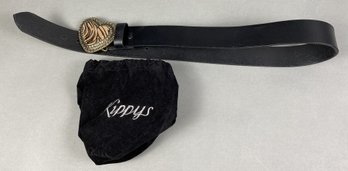 Black Leather Women's Belt With Heart Shaped, Faux Fur & Crystals Buckle By Kippys, Size 32