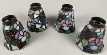 Four Tiffany Style Stained Glass Light Globes With A Intricate Mosaic Design Of Birds & Berries
