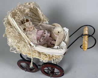 Cute Miniature Lace Covered Stroller Or Baby Buggy & Porcelain Lisa Doll By Fritz's Basket Babies
