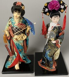 Two Beautiful Vintage Japanese Geisha Dolls With Fabric Kimonos