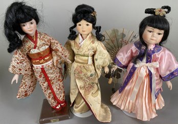 Three Beautiful Vintage Japanese Porcelain Geisha Dolls With Fabric Kimonos