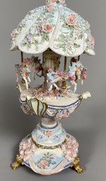 Victorian Style Resin Music Box Horse Carousel With Floral & Ribbon Design
