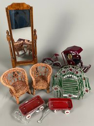 Cute Miniature Doll Furniture Including A Floor Mirror & Metal Rickshaw Marked Vietnam