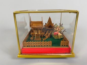 Handcrafted Miniature Teak Wood Old Style Thai House Model In Glass Display Case