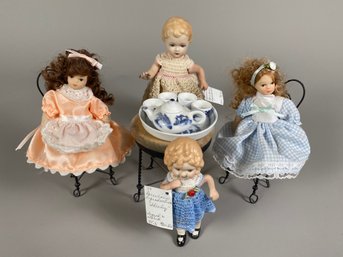 Miniature Porcelain Dolls, Tea Set & Furniture Including Reproduction Antique Dolls