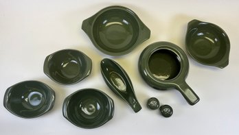 Nice Lot Of Russel Wright Steubenville Cedar Green Serving Ware Including A Gravy Boat & Nesting Bowls