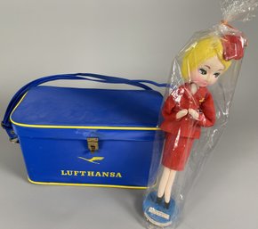 Vintage Continental Airways Your Hostess Doll In Original Wrapping & Vintage Lufthansa Travel Case