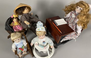 Writing Desk With Porcelain Heritage Doll, Metal Rickshaw With Dolls & Geppeddo Doll With Furniture