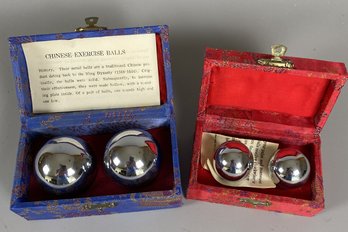 Two Sets Of Chinese Exercise Balls In Beautiful Fabric Covered Cases