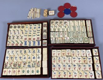 Antique Bone & Bamboo Mahjong Tile Set With 144 Tiles, Counting Tallies, Dice & Betting Tokens