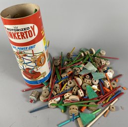 Original Container Of Vintage Wood Motorized Tinkertoy Building Set