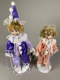 Pair Of Adorable House Of Lloyd Clown Dolls With Porcelain Heads & Hands With Metal Stands