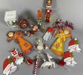 Cute Vintage Christmas Holiday Ornaments Including A Cute Elf On A Swing & Celluloid Deer