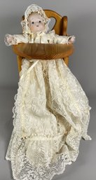 Gorgeous Porcelain Baby Doll In A Solid Wood High Chair