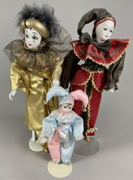 Three Wonderful Porcelain Clown Or Jester Dolls