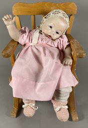 Wonderful Porcelain Baby Doll In A Solid Wood Chair