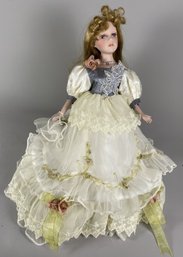 Porcelain Little Girl Doll In A Gorgeous, Formal Dress On A Metal Display Stand