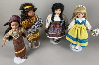 Porcelain International Little Girl Dolls On Metal Display Stands Including Anna From Collectible Memories