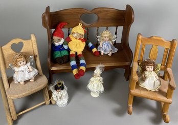 Miscellaneous Doll Furniture & Dolls Including A Wooden Bench, Folding Rocking Chair & More