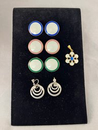Beautiful Vintage Sterling Silver Clip On Earrings And A Charm With Enameled Detailing