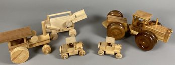 Adorable Set Of Handmade Wooden Toys Including Tractors & Trucks